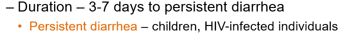 <p><strong>3-7 days</strong> but may become <strong>persistent in children and immunocompromised individuals</strong> (like HIV patients).</p>