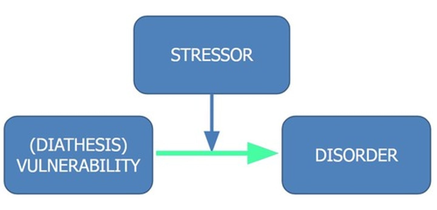 <p>It posits that a predisposition/vulnerability to a disorder (diathesis) combined with a stressor leads to the development of the disorder.</p>