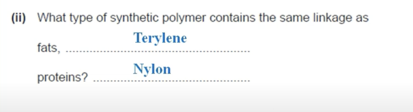 <p>FATS ARE <strong><u>POLYESTERS</u></strong> </p><p>PROTEINS ARE <strong><u>POLYAMIDES</u></strong> </p>