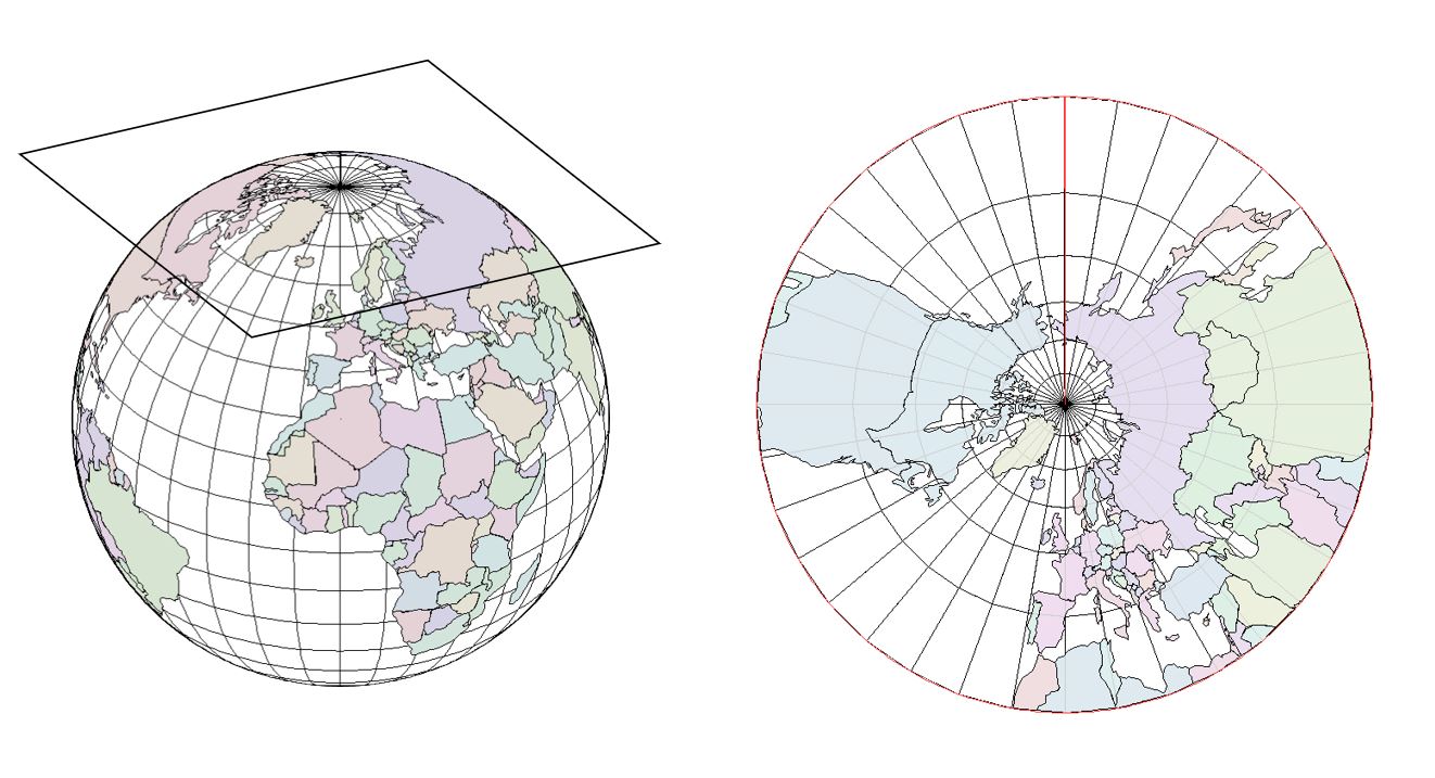 <p>A map projection that transforms points from a spheroid or sphere onto a tangent or secant plane.</p>