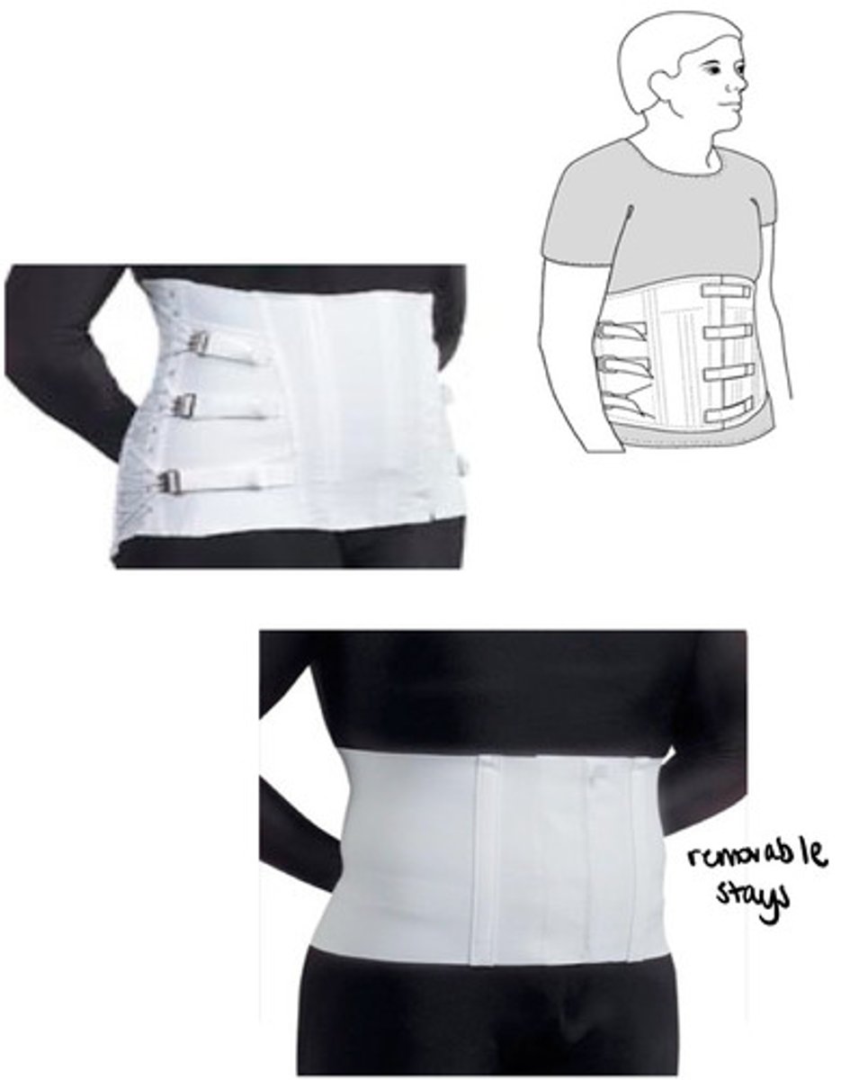 <p>flexible</p><p>removable stays for EXT stop</p><p>provides compression</p><p>biomechanical capacity</p><p>increase hydrostatic compression</p><p>support spine and reduce pain</p><p>decrease lumbar lordosis/EXT</p>