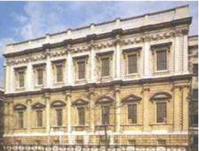 <p>INIGO JONES, London, inspired by Palladio, built for James I, modest emphasis on center of facade, central bay of six windows, flat pilasters, rusticated basement level, two stories of windows, balustraded roof</p>