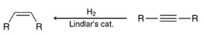 <p>H2 and Lindlars transforms alkyne to an alkene</p>