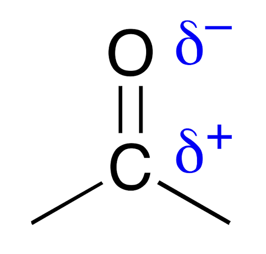 <p>Partial negative oxygen, partial positive carbon</p>
