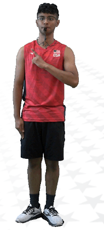 <ul><li><p>check score with scorer</p></li><li><p>index finger on opposite shoulder (on side of team with set point)</p></li><li><p>r1 should acknowledge </p></li></ul><p></p>