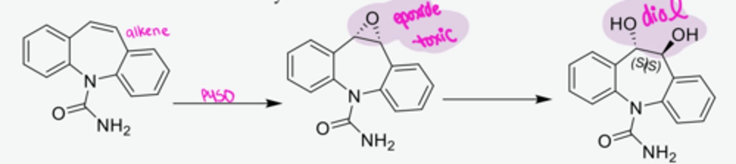 <p>Carbamazepine</p><p>-levels of the enzyme (CYP450) ___ with chronic use</p>