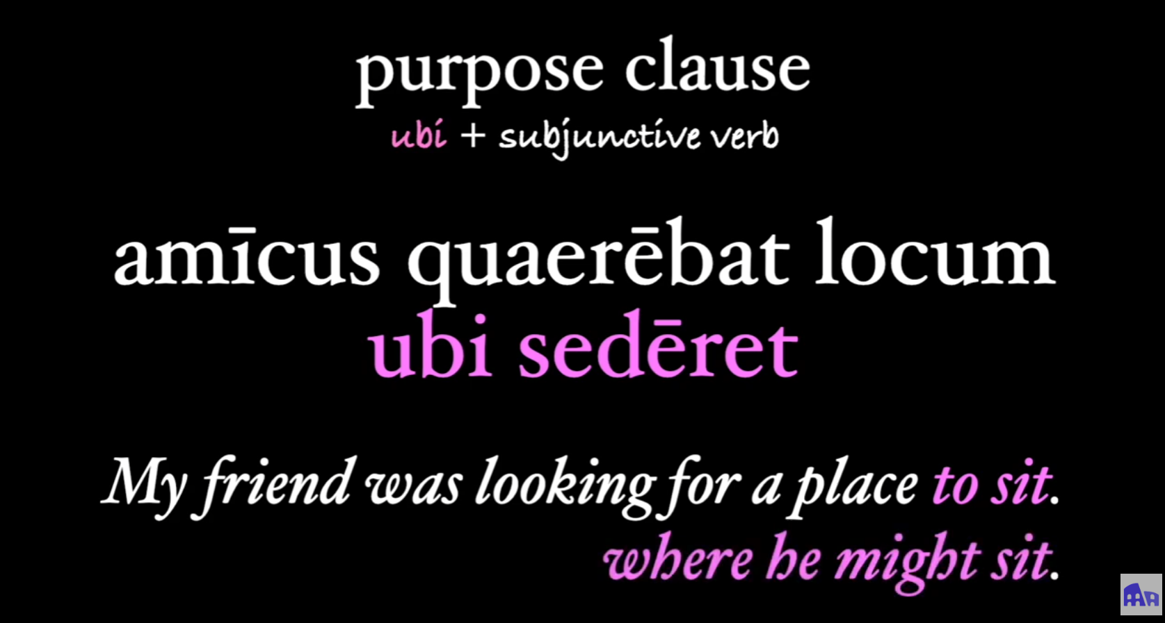 <p>Can have “ubi” instead of ut - signposted by subjunctive verb</p><p>E.g. - shows the intended action of sitting, and states that he is looking</p>
