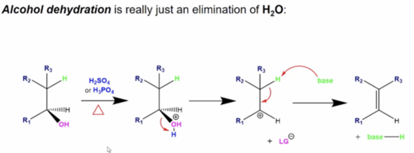 <p>really, you're just performing an elimination (E1 or E2) reaction:</p><p>1. treat the alcohol with acid (H2SO4 or H3PO4) and heat</p><p>2. this will protonate OH to OH2 (water), which will leave, forming a carbocation intermediate</p><p>3. a weak base will now deprotonate another H, giving you the final alkene product</p>