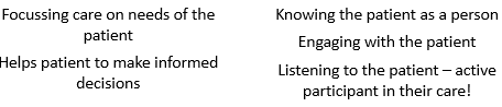 <p><span>•SOR guidelines include 15 core values</span></p><p><span>•Introduce yourself, tell me who you are and what your role is</span></p><p><span>•Treat me as an individual, explain the purpose of the procedure in reference to my case</span></p><p><span>•Find out what is important to me</span></p><p><span>•What are my concerns</span></p><p><span>•Talk to me in a language I understand!</span></p><p><span>•Provide me with patient information and check I am informed enough for consent</span></p><p><span>•Ensure I understand your role and make me feel confident and safe in your care</span></p><p><span>Consider my dignity and modesty</span></p>