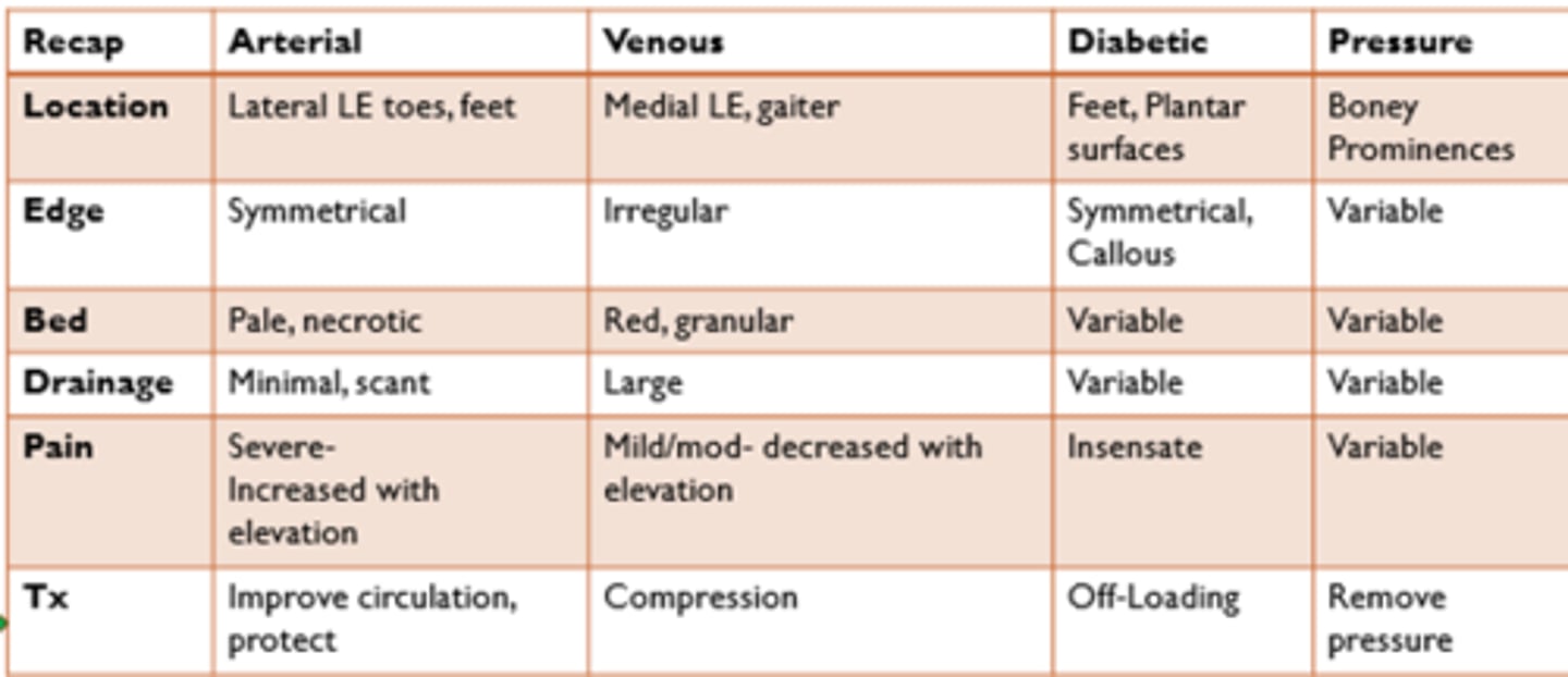 <p>TYPES:</p><p>- arterial</p><p>- venous</p><p>- diabetic</p><p>- pressure</p><p>REFER TO IMAGE</p>