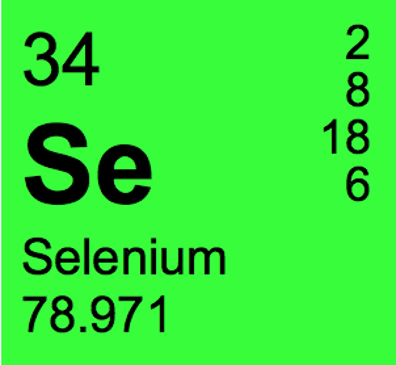 <p>Symbol: Se<br>Atomic Mass: 78.96<br>Atomic Number: 34</p>