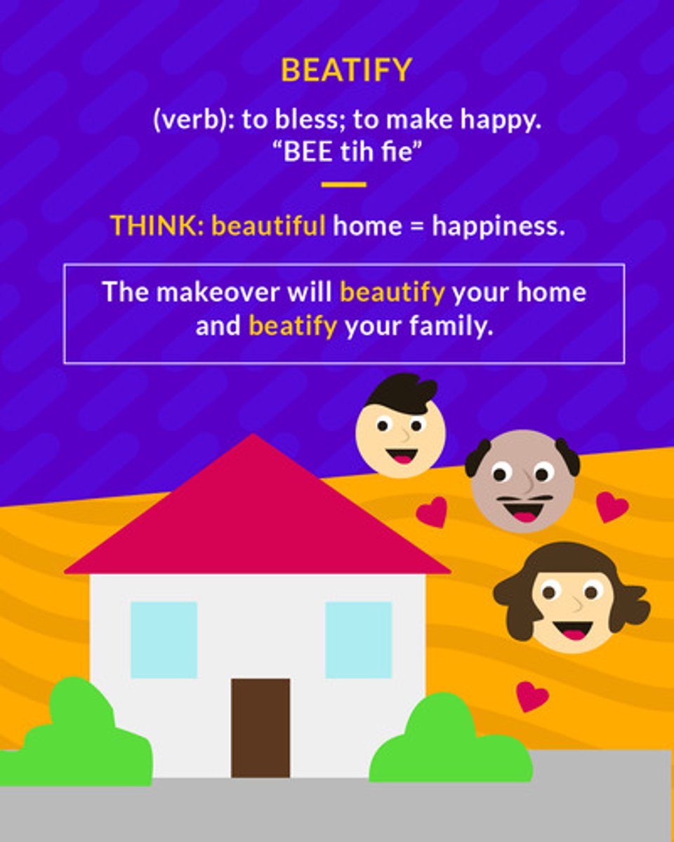 <p>to sanctify; to bless; to ascribe a virtue to</p><p>(verb) to bless; to make happy</p>
