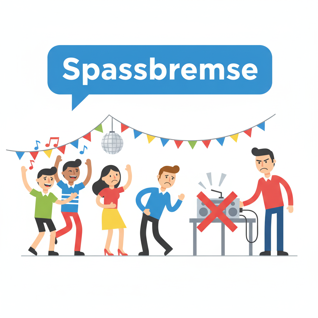 <ul><li><p><strong>der Spaß</strong> (the fun, joy)</p></li><li><p><strong>die Bremse</strong> (the brake)</p></li></ul><p></p><p><strong>Lisa:</strong> Komm, lass uns im Regen tanzen! <strong>(Come on, let's dance in the rain!)</strong></p><p><strong>Tom:</strong> Bist du verrückt? Wir werden krank! <strong>(Are you crazy? We'll get sick!)</strong></p><p><strong>Lisa:</strong> Ach, sei doch keine <strong>Spaßbremse</strong>! <strong>(Oh, don't be such a killjoy!)</strong></p>