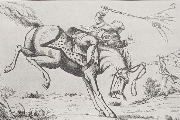 <p>American Revolution: The horse represents America and the person riding the horse is King George. America is separating from King George and the British Monarchy.</p>