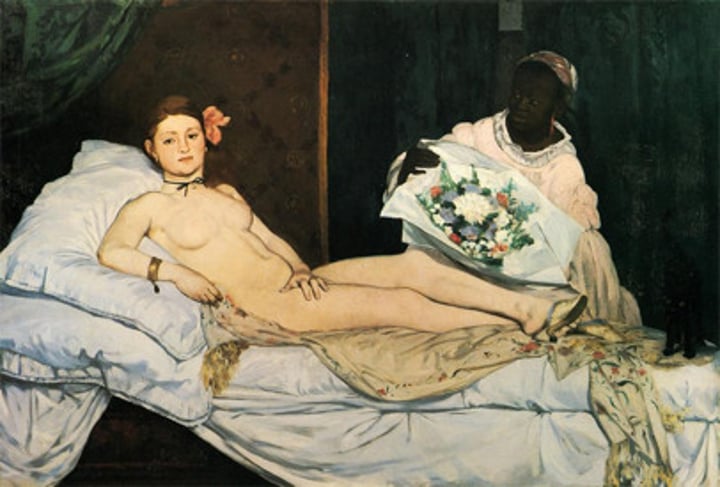 <p>Manet, 1863, Realism, France, oil on canvas. It draws from Titian's Venus of Urbino, but it tears down its mythology and makes it more realistic. Laure is the black figure in the painting. Critics say olympia was a cadaver with her small amount of modeling.</p>