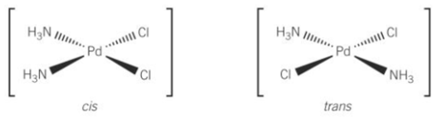 <p>Cis and Trans</p><p>Cis is next to each other</p><p>Trans is opposite</p>