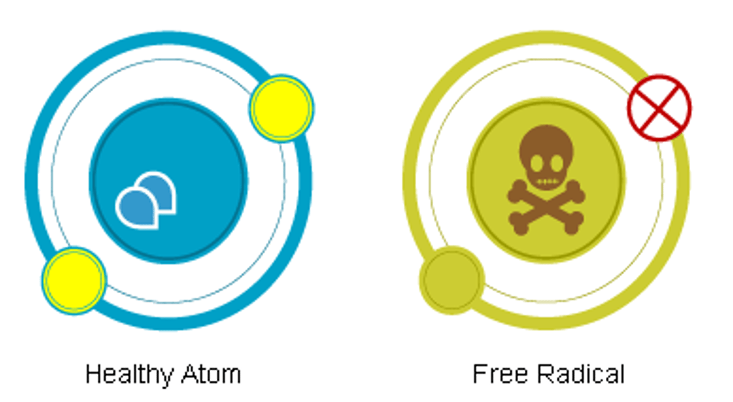 <p>- molecules containing an 'unpaired' electron" (essentially a healthy cell that is missing an electron) => therefore unstable &amp; reactive => produces oxidative stress (eg: ROS, RNS)</p><p>- produced by: noxious stimuli (drugs/drug metabolites eg. nicotine), pathogens (eg. bacterial toxins), excessive inflammatory mediators, radioactive substances/radiation, or cellular metabolism (eg. ageing)</p>