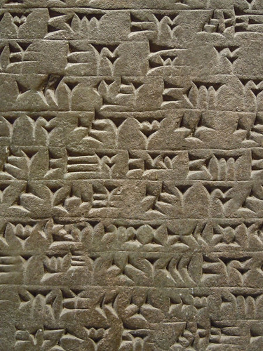 <p>Wedge-shaped writing in the form of symbols carved into clay tablets; used in Mesopotamia.</p>