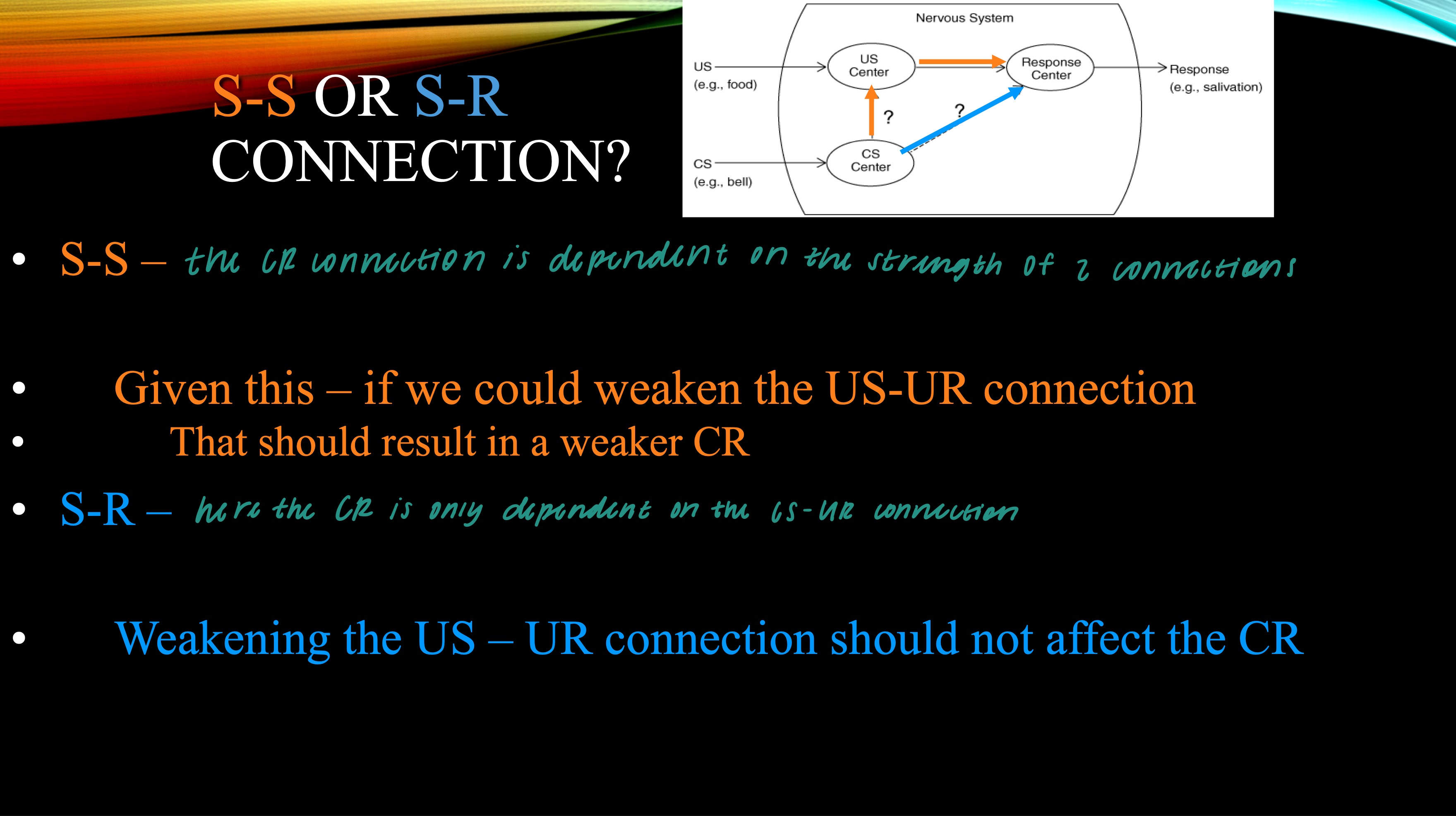 <p>Pavlov’s view of CC was consistent with an SR (Stimulus–Response) perspective, meaning that conditioning formed a direct connection between the CS (ie. tone) and the R (ie. salivation), the CS came to automatically trigger the same R as the US without the animal needing to mentally represent the US.</p><p>so, in Pavlov's view, the tone (CS) directly caused salivation (R) after conditioning.</p><p></p>