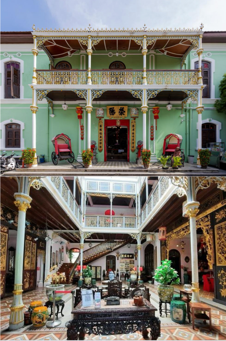 <ul><li><p><span>Architects: Chinese craftsmen with imported European fittings.</span></p></li></ul><ul><li><p><span>Details: Stucco ornamentation, encaustic tiles, cast-iron railings, opulent<br>Peranakan interiors.</span></p></li><li><p><span>Significance: Showpiece of Straits<br>Chinese affluence and cultural hybridity.</span></p></li></ul><p></p>
