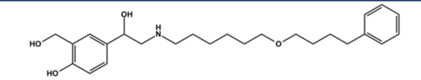 <p>-LABA (long acting β2 agonist)</p><p>- LogP = 4.2; pKa = 10</p><p>- It is substituted albuterol, so β2 -selective</p><p>- Takes advantage of lipophilic auxiliary site on β2 receptor (so-called exo-site)</p><p>- Diffuses into lipid bilayers and slowly redistributes, providing long duration</p><p>-Expect that only one isomer (R-OH isomer) is active; S-isomer likely inactive</p><p>- Use: asthma (not acute), COPD</p>
