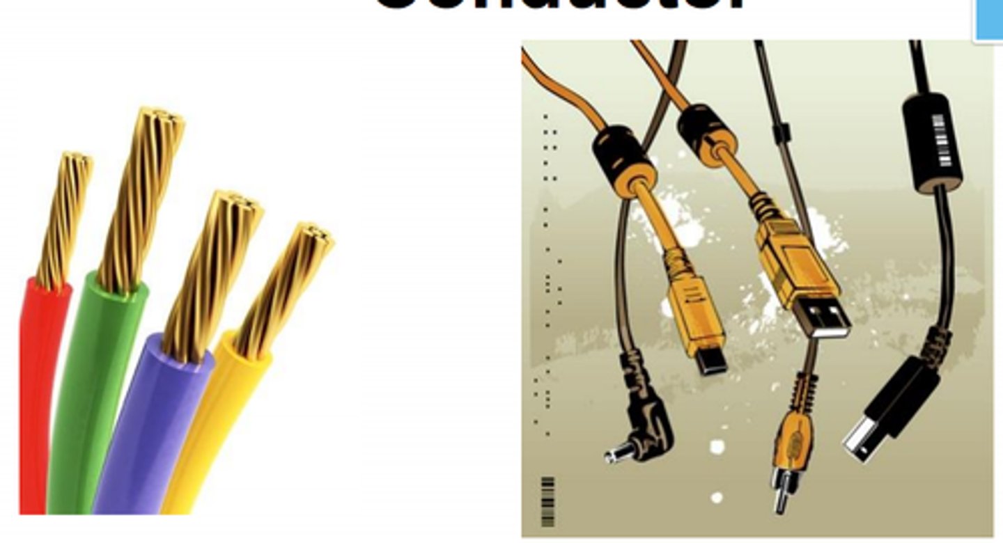 <p>A substance that allows the flow of electric charge or transfers thermal (heat) energy through matter.</p>