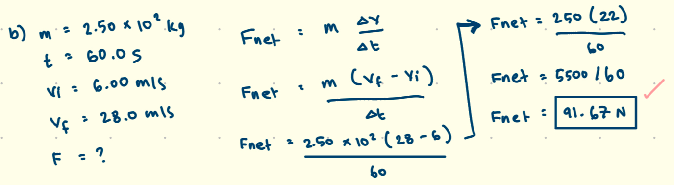 <p>  The magnitude of the force can be calculated using Newton's second law, which states that force is equal to the change in momentum divided by the time interval. Using the formula ( F = {triangle p}{ triangle t} ), where ( triangle p ) is the change in momentum (5,500 kg·m/s) and ( triangle t ) is the time (60.0 s), the force exerted is approximately 91.67 N. </p>