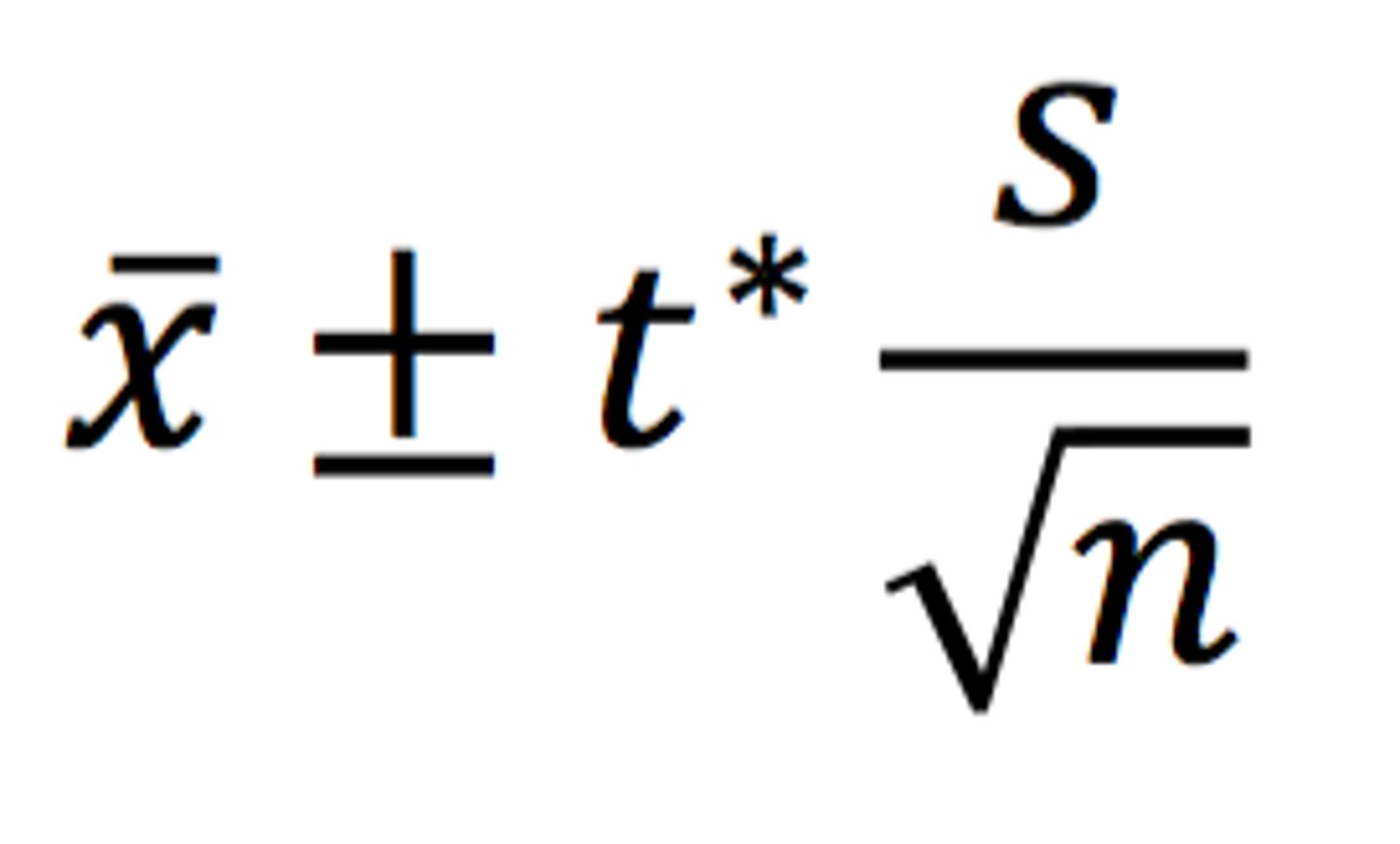 <p>CI = X̅ ± z(s/√n)</p><p>X̅ = Sample mean</p><p>z = Confidence level value</p><p>s = Sample standard deviation</p><p>n = Sample size</p>