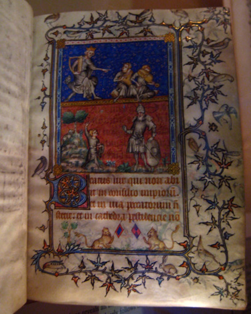 <p>a handwritten book decorated with bright colors and precious metals</p>