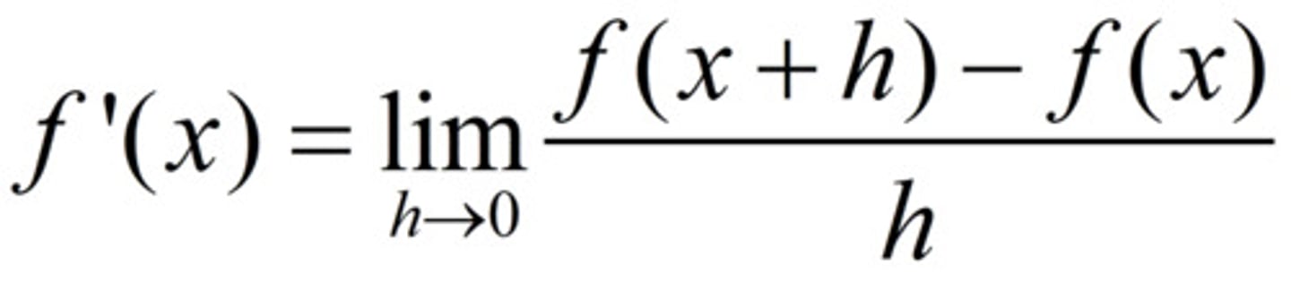 <p>The rate of change, or slope of a tangent line, or value of the derivative, at a point of a graph.</p><p>h= a very small change in time, but it cant be 0 bc itll be undefined.</p>