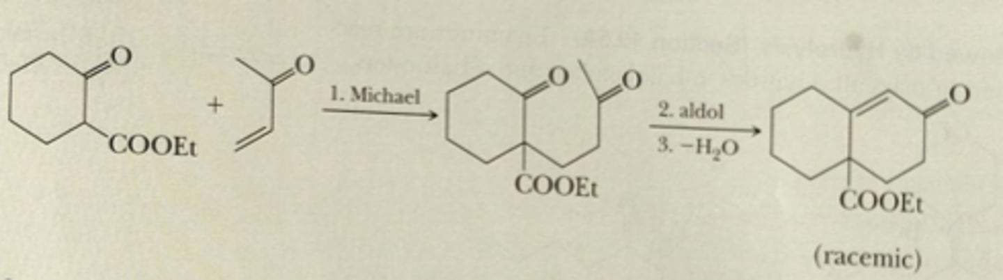 <p>Robinson Annulation: Base-catalyzed Michael reaction, intramolecular base-catalyzed aldol reaction and dehydration for final product</p>