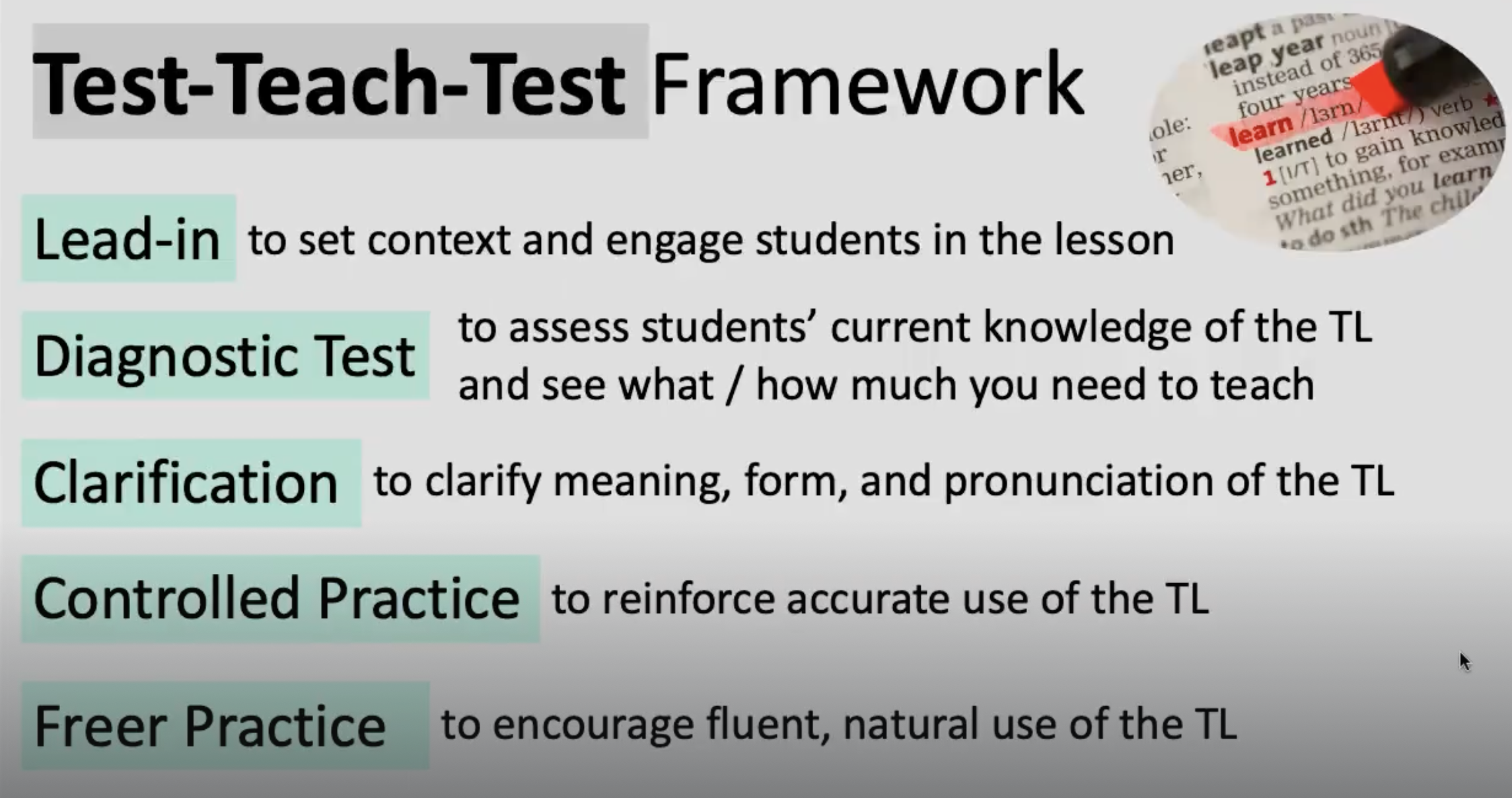 <p><strong><mark data-color="#f6e4c0" style="background-color: rgb(246, 228, 192); color: inherit;">DIAGNOSTIC TEST</mark></strong></p><p>.</p><p>It’s called Diagnostic because it’s diagnosing Ss current knowledge of the TL.</p><p>.</p><p>Must be done BEFORE the teaching stage.</p><p>.</p><p><strong>KEEP THIS STAGE FAIRLY SHORT. </strong></p><p>Just long enough for you to get a picture of what you need to teach.</p>