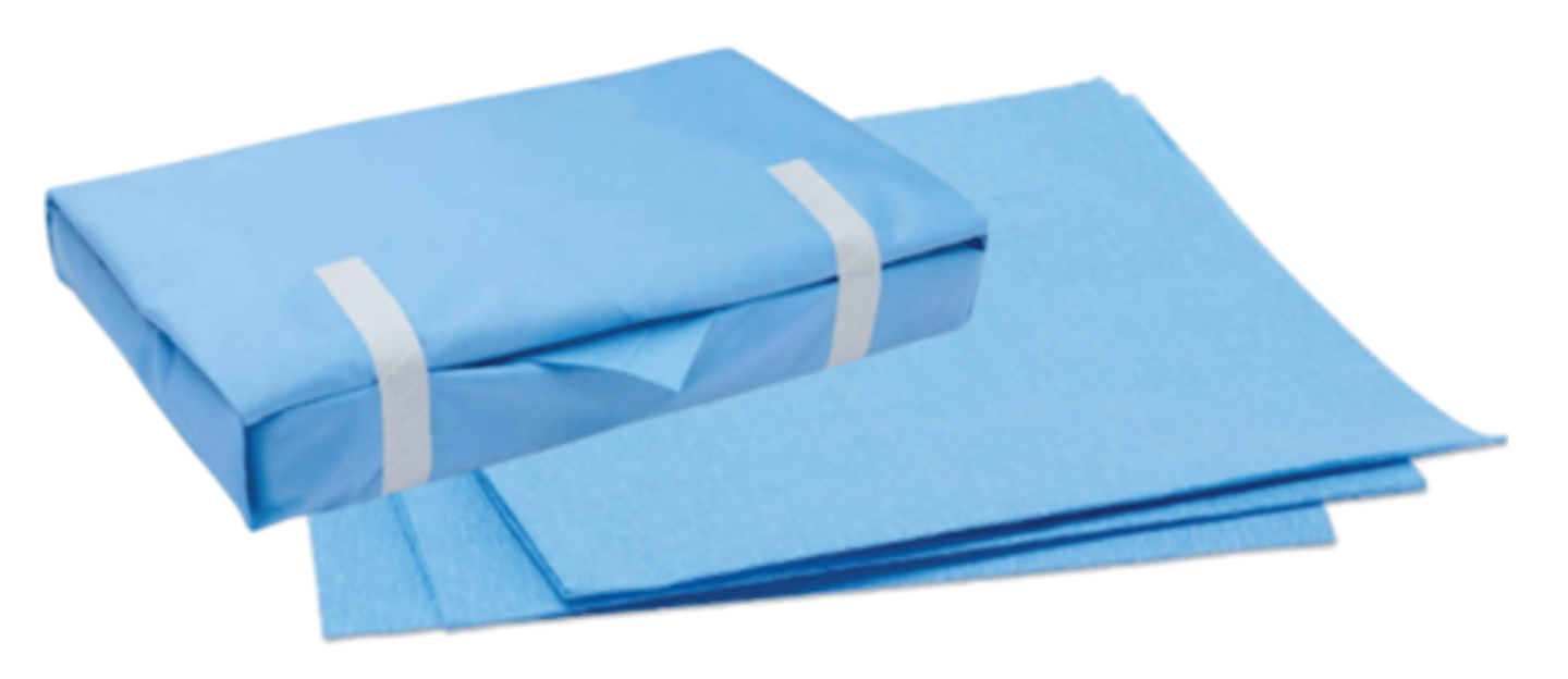 <p>a commonly used, non-woven, disposable sterilization wrap that must be folded using specific techniques to create a barrier package (a popular material is SMS)</p>