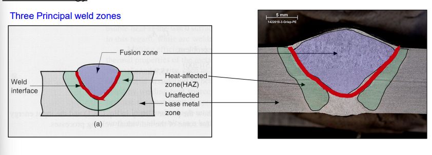 <ol><li><p>Fusion zone (purple)</p></li><li><p>Weld interface (red)</p></li><li><p>heat affected zone (green)</p></li></ol><p></p>