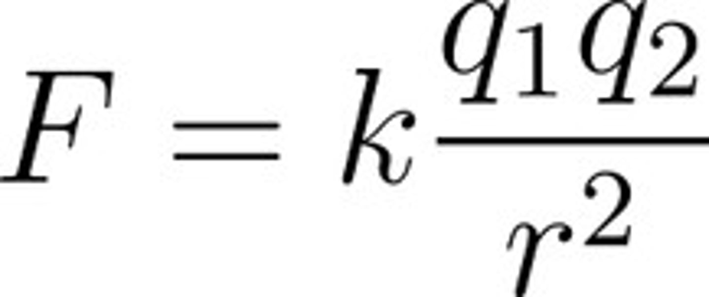 <p>calculates force between two electrically charged particles</p><p>the magnitude of the electrostatic force between two charges is directly proportional to the product of the charges, and is inversely proportional to the square of the separation</p><p>k is constant =&gt; 1/(4πℇ₀), and roughly equal to 8.99x10⁹</p>