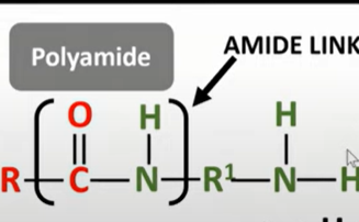 <p>-formed by reacting diamines and dicarboxylic acids form amide link</p><p>-need func grp to be either side of molecule to form chain</p><p>-OH for carboxylic acid and H from amine removed</p>