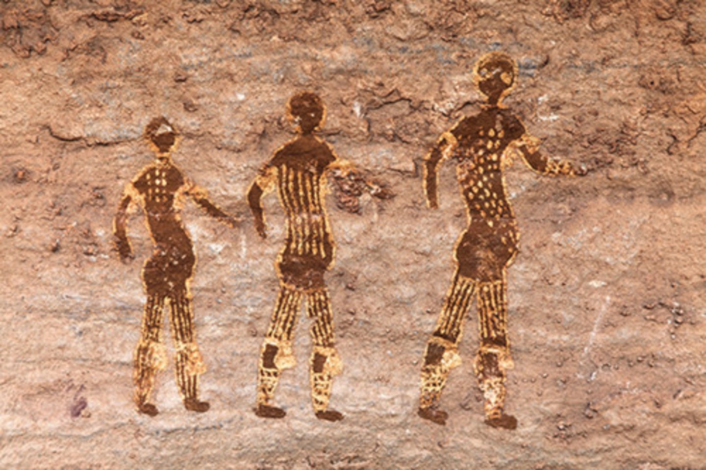 <p>The artist who created the Neolithic rock painting shown from Tassili n'Ajjer, Algeria, most likely drew lines and dots on the bodies of the figures to</p>
