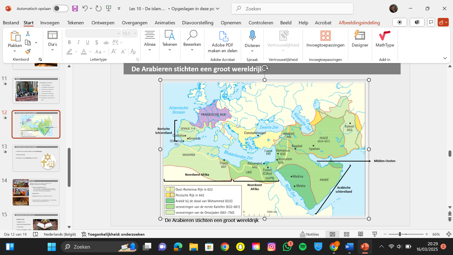 <p><span style="font-family: Aptos, sans-serif">De gebieden aangeven die islamitisch werden na de dood van Mohammed, inclusief het Arabische schiereiland en gebieden die later islamitisch werden, zoals Noord-Afrika en delen van Europa.</span></p>