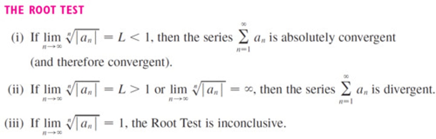 <p>L=1 (nothing) L&lt;1 (converges) L&gt;1 (diverges)</p>