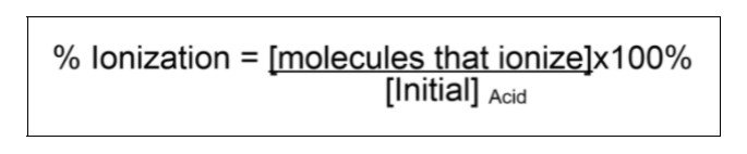 <p>The <strong>ratio</strong> of the concentration of ionized molecules at equilibrium, to the initial concentration of the weak acid, expressed as a percent:</p><ul><li><p>A <strong>strong acid</strong> almost completely ionizes in water to form hydrogen ions, and its <strong>% ionization &gt; 99%</strong>.</p></li><li><p>A <strong>weak acid</strong> partially ionizes in water to form hydrogen ions, and most have a <strong>% ionization &lt; 50%</strong>.</p></li></ul>