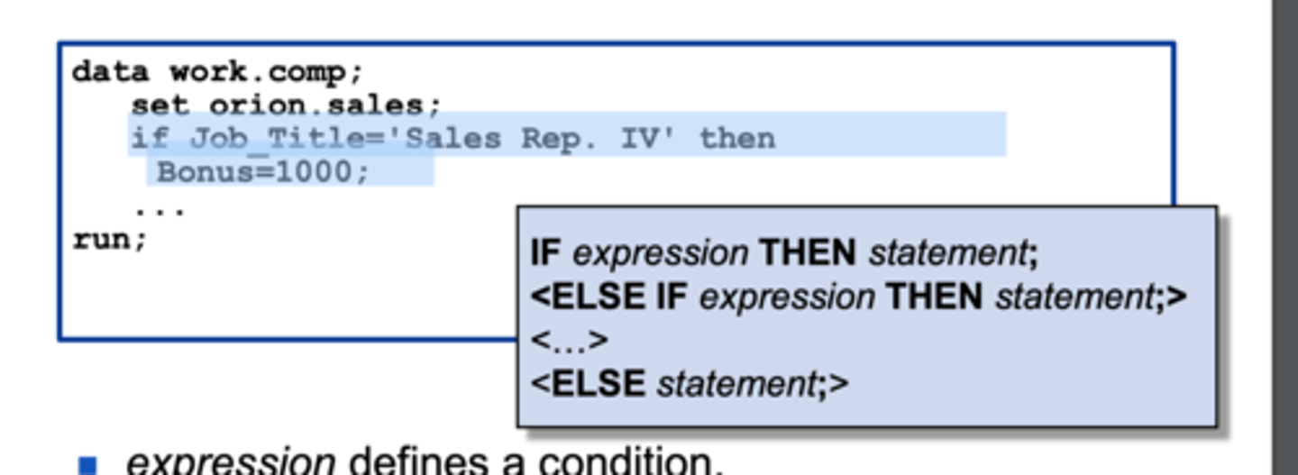 <p>executes a SAS segment for observations that meet a specific condition <br><br>- defines a condition <br>- statement can be any executable SAS statement <br>- if expression is true, then statement executes</p>