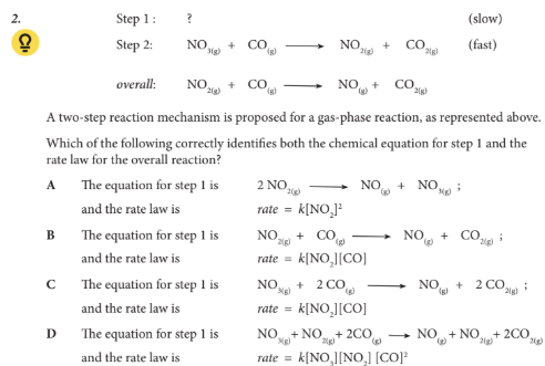 <p>Which of the following correctly identifies both the chemical equation for step 1 and the rate law for the overall reaction?</p>