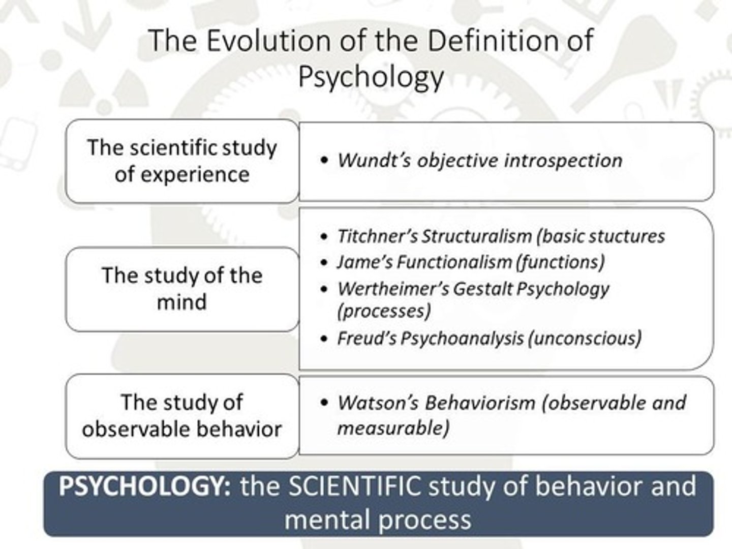 <p>The scientific study of behavior and mental processes.</p>