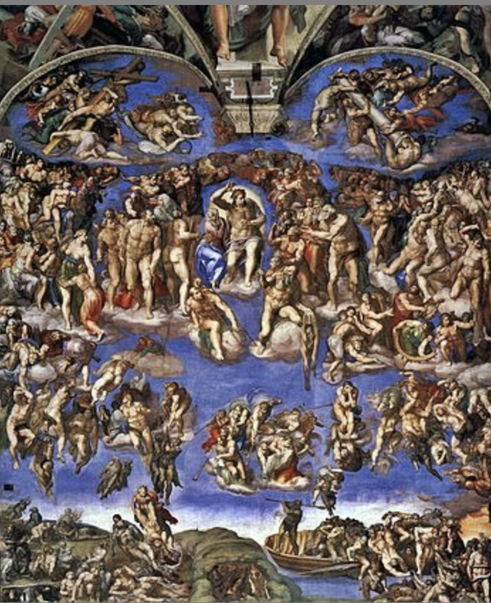 * Demonstrates hierarchy, but in a way that is more stern than Medieval styles because of God's mannerist expression and body
* While fresco impresses Christs wrath on the viewer, it also provides hope by depicting the saved souls
* Ties the whole cyclical depiction of the old and new testament together, the final thing that the viewer sees as they walk to the back wall