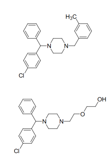 <p>Meclizine(top); Hydroxyzine (bottom)</p>