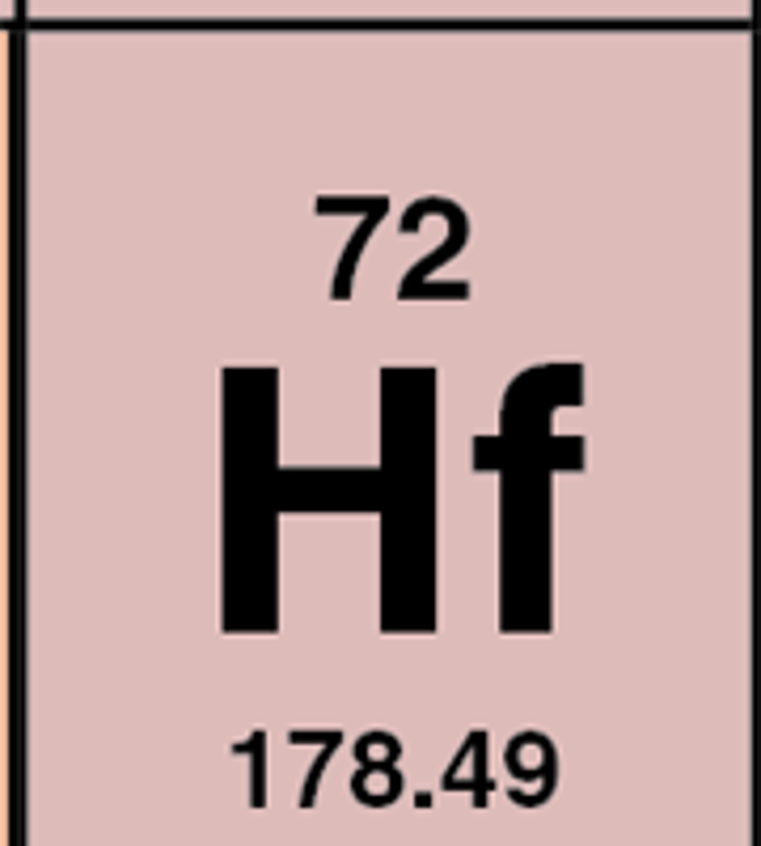 <p>Symbol: Hf</p><p>Atomic Mass: 178.5</p><p>Atomic Number: 72</p>