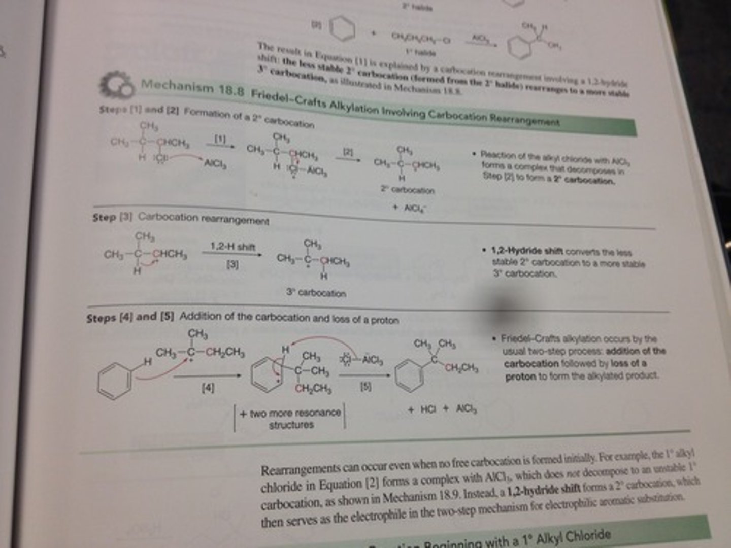 <p>Alkylation:</p><p>1) CH3Cl OR COR group reacts with AlCl3 to make an electrophilic carbocation, R+</p><p>2) Electron pair from the aromatic ring attacks carbocation, forming new bond. Carbocation intermediate is formed.</p><p>3) AlCl4- takes away an H+ to leave a substitution product.</p>