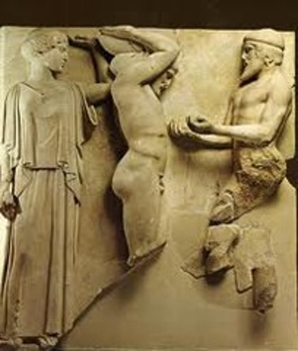 <p>carved under Pheidias, 470-460 BC</p><p>Marble Metope from the Temple of Zeus at Olympia, Atlas gets apples for Hercules while he holds up the heavens, Athena helps, order and symmetry in how the male faces and divine faces mirror eachother</p>