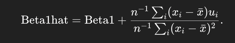<p>Under MLR 4 (zero mean and zero correlation between <span>xi</span> and <span>ui</span>), the numerator has probability limit 0 and the denominator has probability limit Var(xi) > 0, so plim(Beta1hat) = Beta1</p>