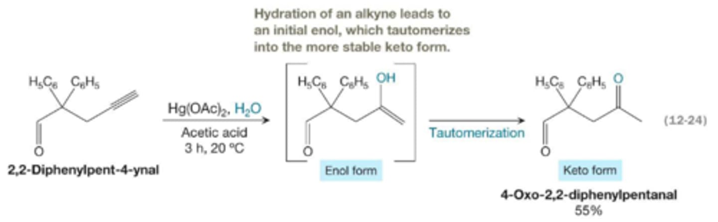 <p>Oxymercuration</p><p>Alkyne to enol to aldehyde/ketone</p><p>Markovnikov addition</p>